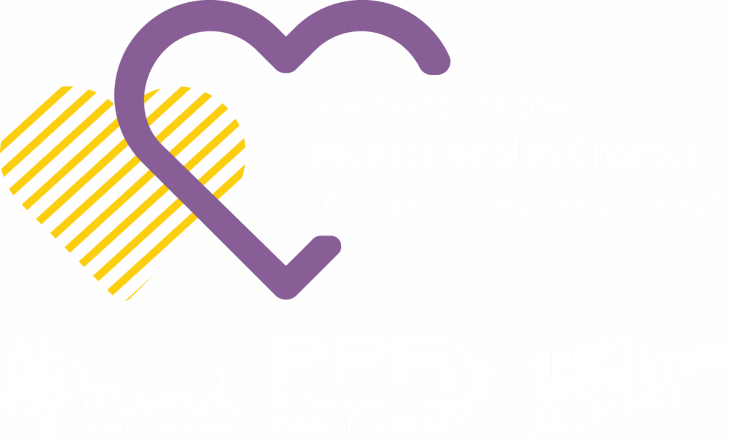 Mental Health Sport Charter logo in white, featuring the mind logo, professional players federation and sport recreation alliance logos.