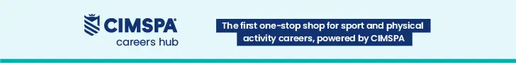 CIMSPA Careers Hub logo in navy blue on a light teal background alongside the text 'The first one-stop shop for sport and physical activity careers, powered by CIMSPA.'