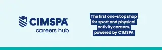 CIMSPA Careers Hub logo in navy blue on a light teal background alongside the text 'The first one-stop shop for sport and physical activity careers, powered by CIMSPA.'