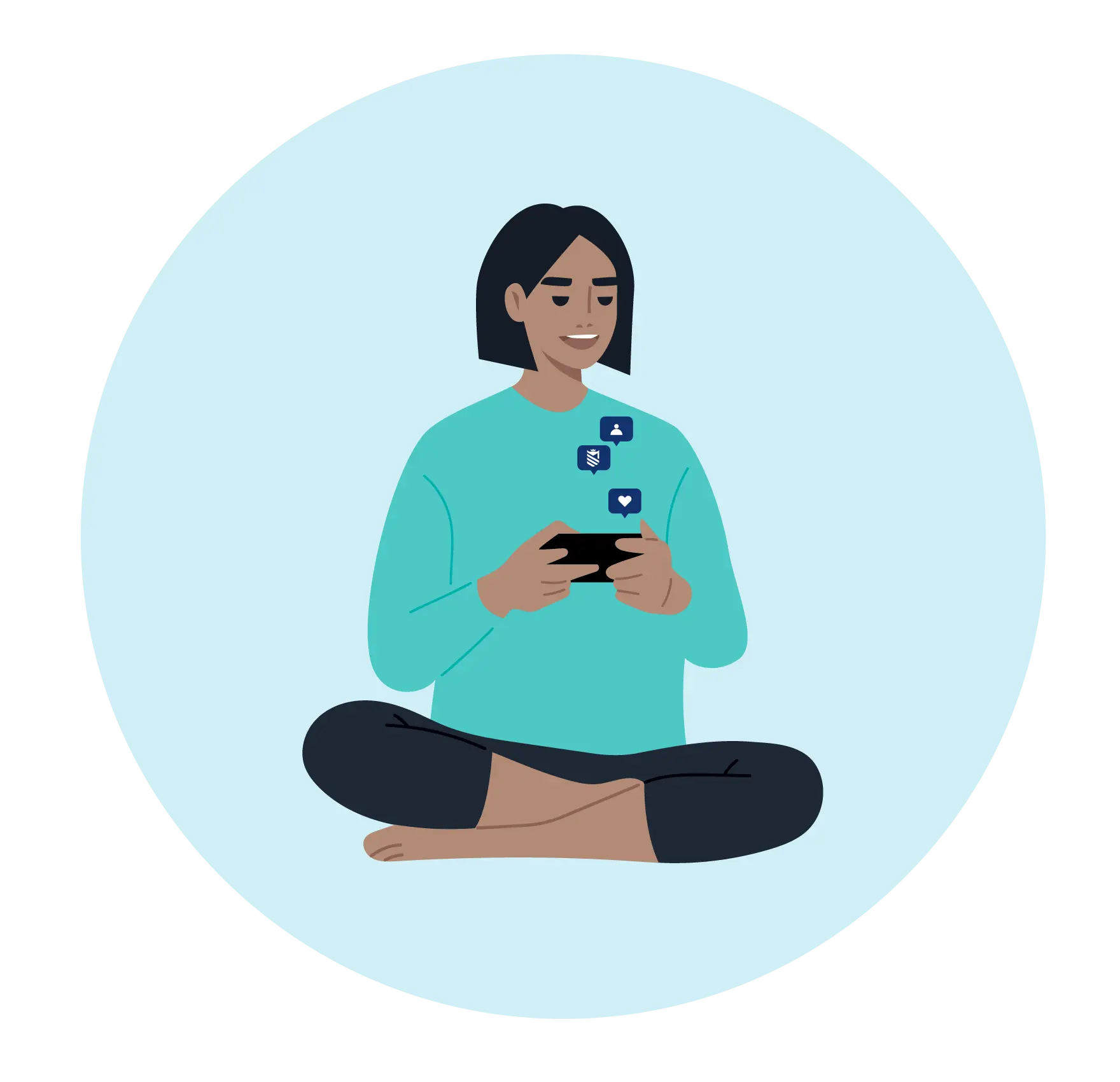 Cartoon of a character we've called Prisha who is sat in a crossed-legged yoga pose, using her mobile phone