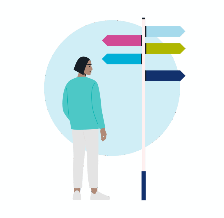 Cartoon of a character we've called Prisha who is stood staring at a pathway sign, with lots of different directions and destinations.