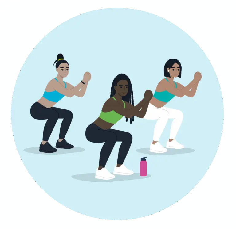 Cartoon of a character we've called Prisha who is crouching, mid-workout with two other females